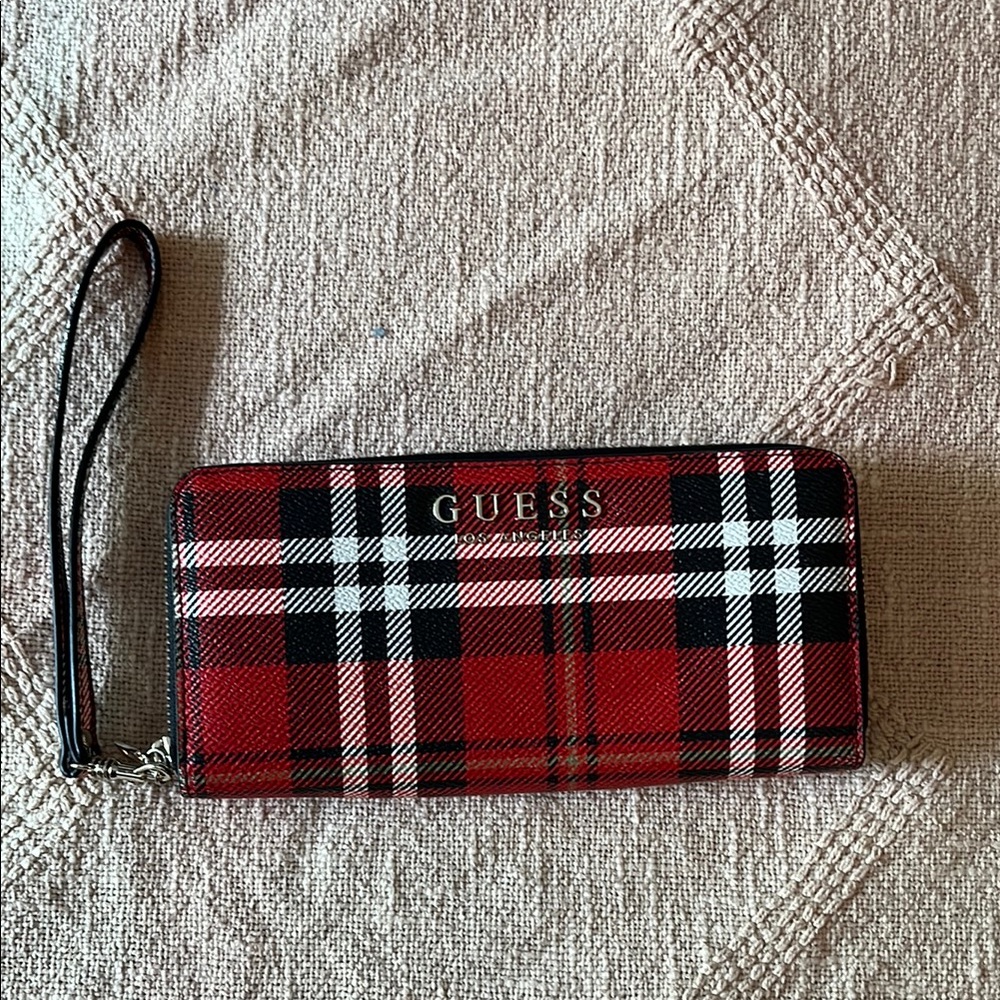 Guess Red and Black Plaid Wristlet Wallet - Picture 1 of 4